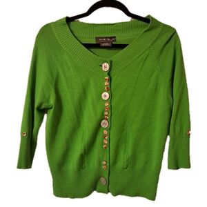 XS Vintage Green Cardigan with Pink Floral Embroidered Details